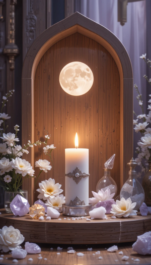 Autel lunaire sacre bougie fleurs cristaux lumiere douce