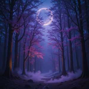 Foret mystique lumiere lunaire brume violette or ciel etoile