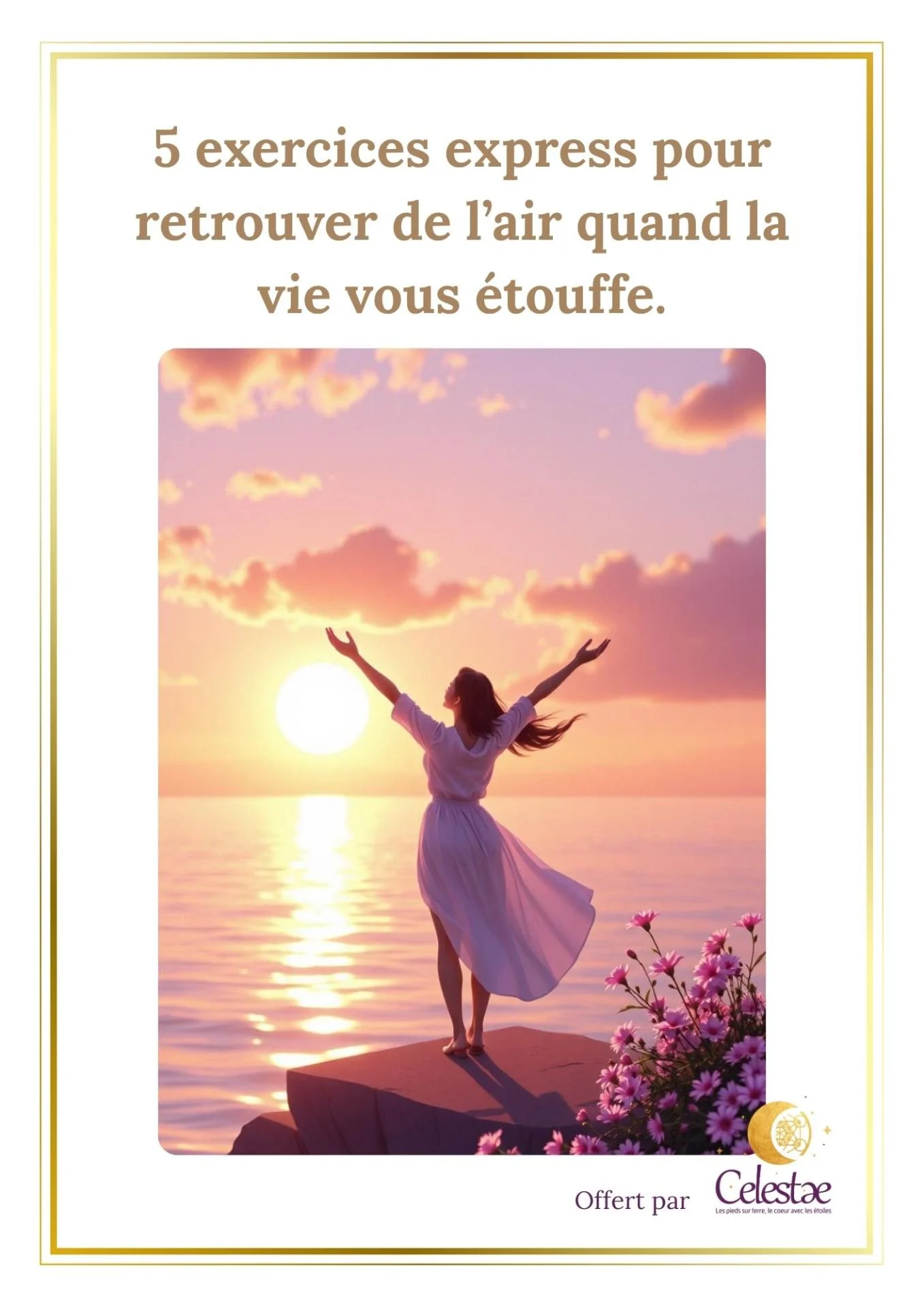Femme marchant pieds nus dans un champ de fleurs au soleil, bras ouverts, symbolisant la liberté, l’espoir et un nouveau départ.